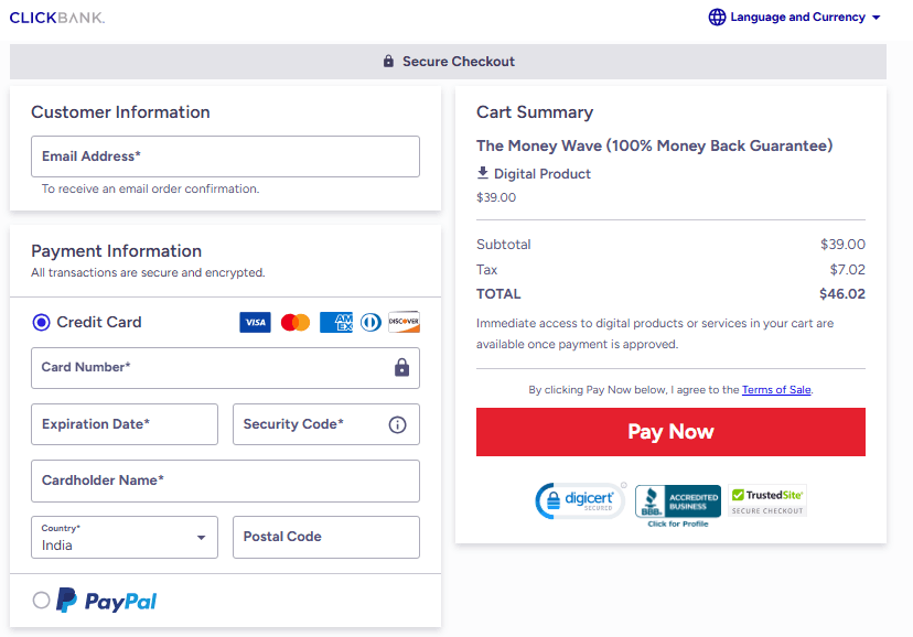 The Money Wave Checkout Page